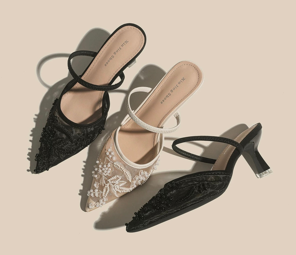 Pearl-Embellished Pointed-Toe Mules