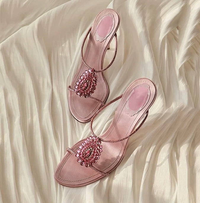 Elegant Pink Crystal-Embellished Heeled Sandals