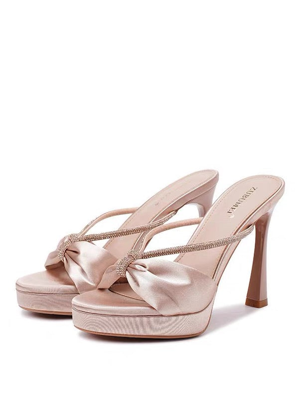 Satin Bow Crystal-Trim Platform Heels