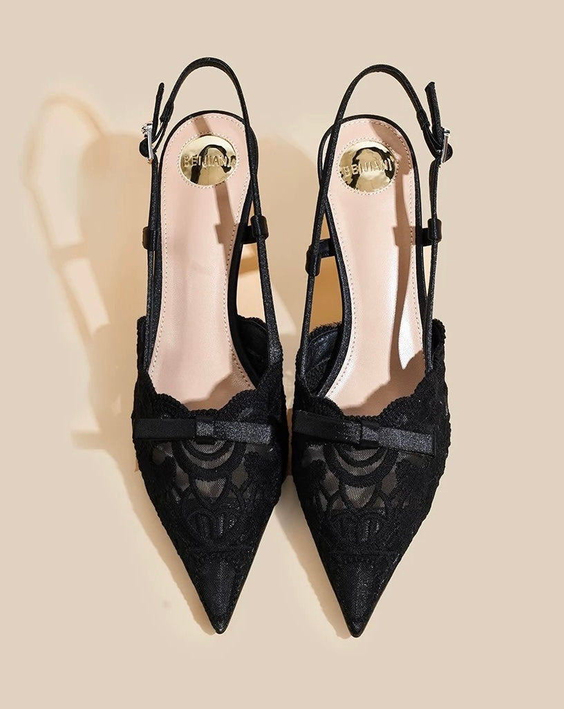 Lace Slingback Pointed-Toe Heels