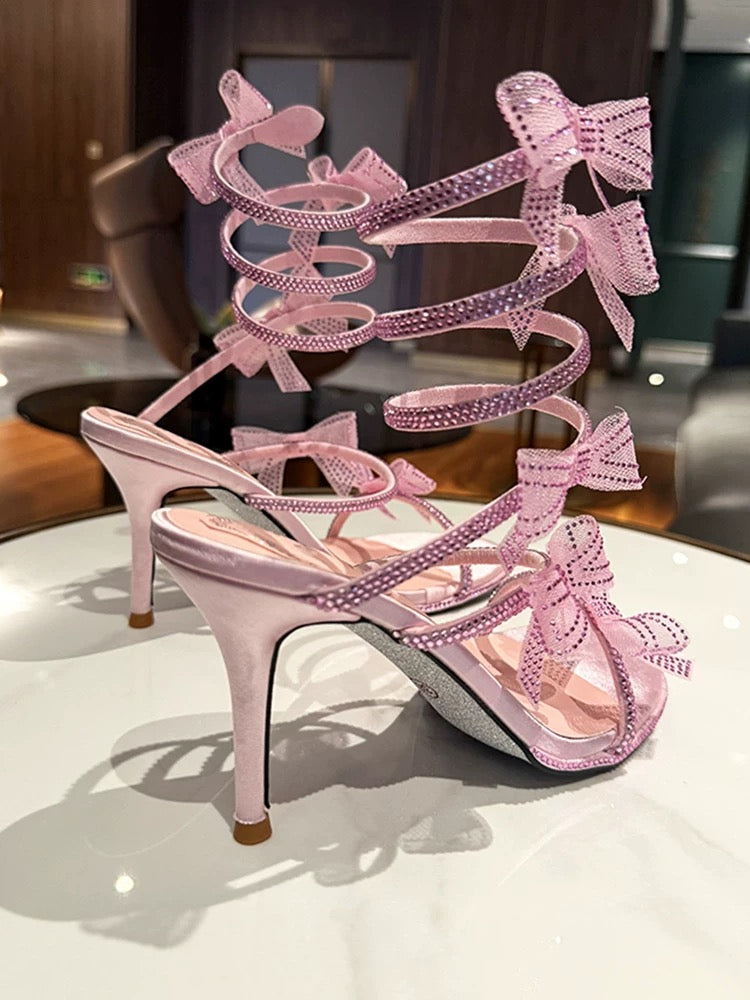 Rosé Bow Embellished Stiletto Sandals