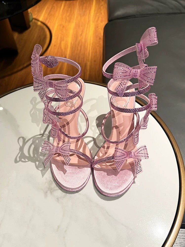 Rosé Bow Embellished Stiletto Sandals