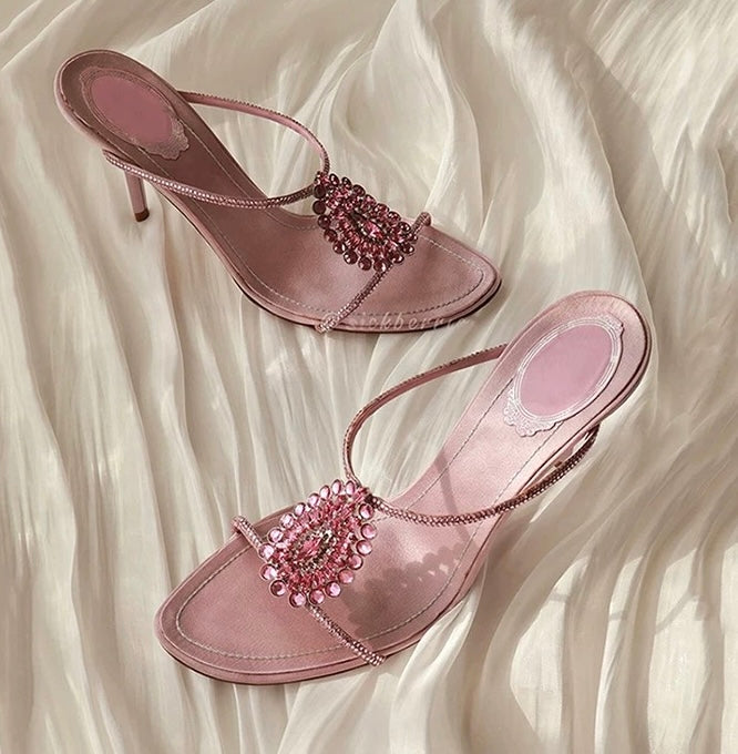 Elegant Pink Crystal-Embellished Heeled Sandals