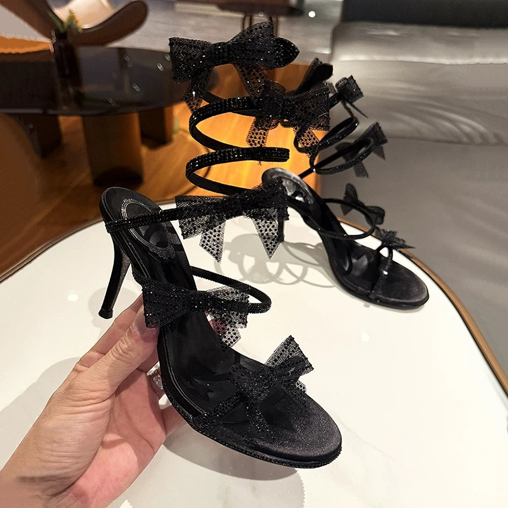 Rosé Bow Embellished Stiletto Sandals