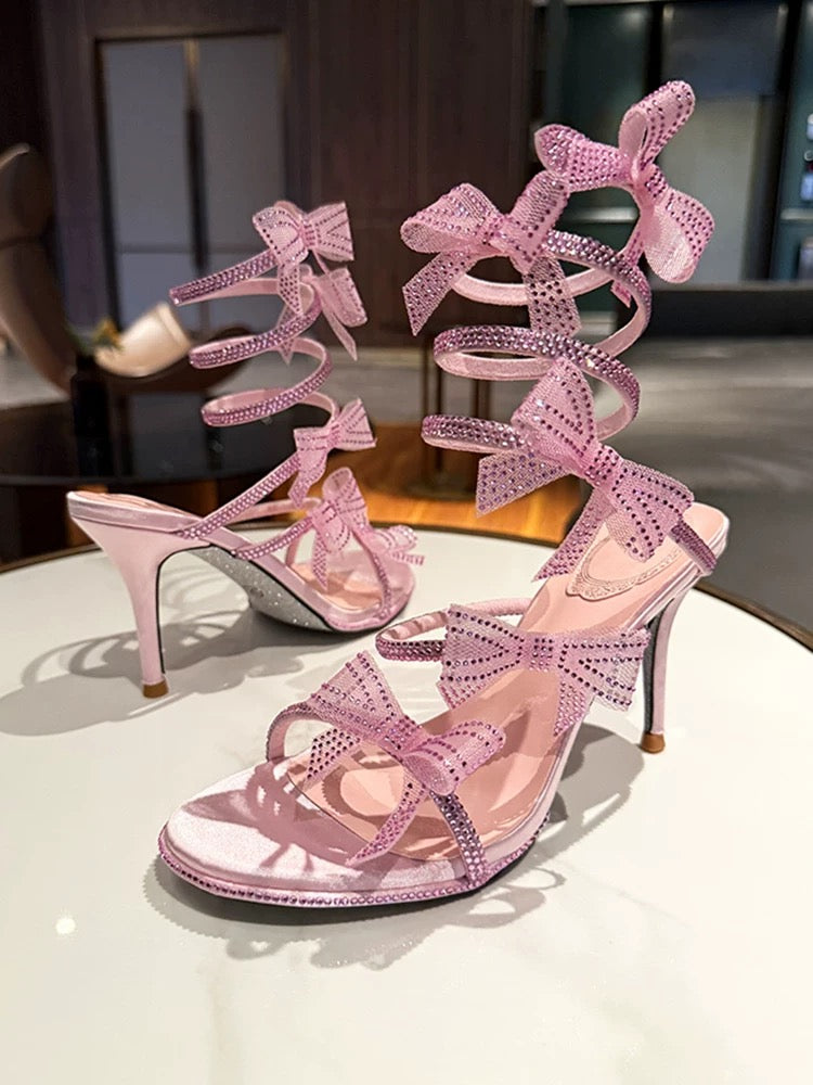 Rosé Bow Embellished Stiletto Sandals