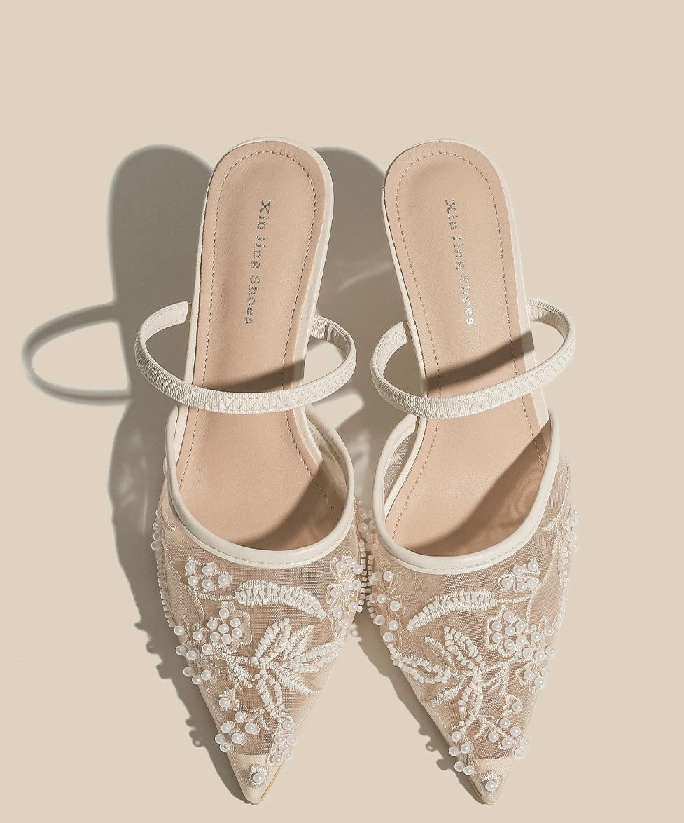Pearl-Embellished Pointed-Toe Mules