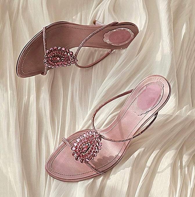 Elegant Pink Crystal-Embellished Heeled Sandals