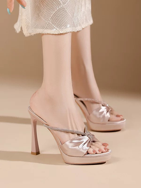 Satin Bow Crystal-Trim Platform Heels