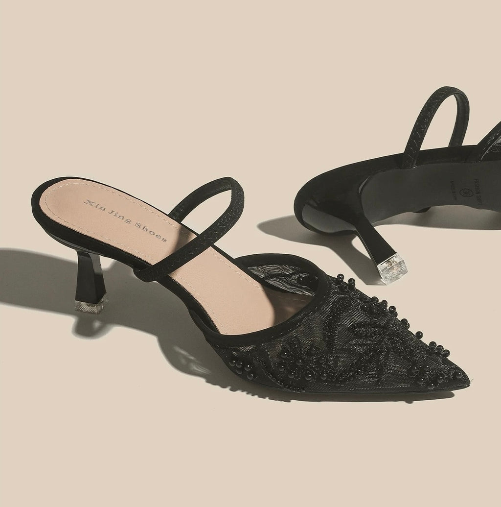 Pearl-Embellished Pointed-Toe Mules