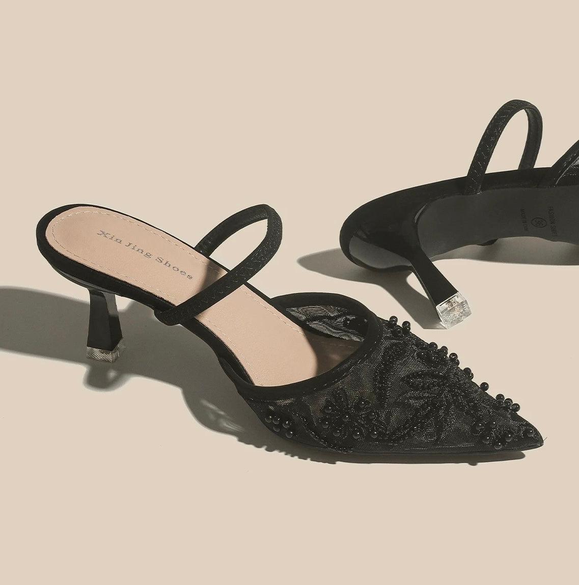 Pearl-Embellished Pointed-Toe Mules