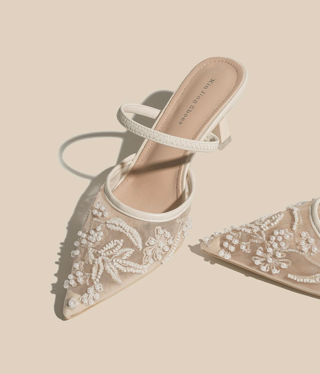 Pearl-Embellished Pointed-Toe Mules
