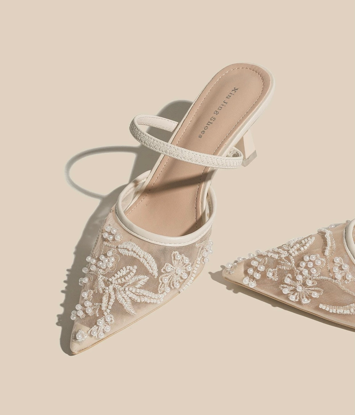 Pearl-Embellished Pointed-Toe Mules
