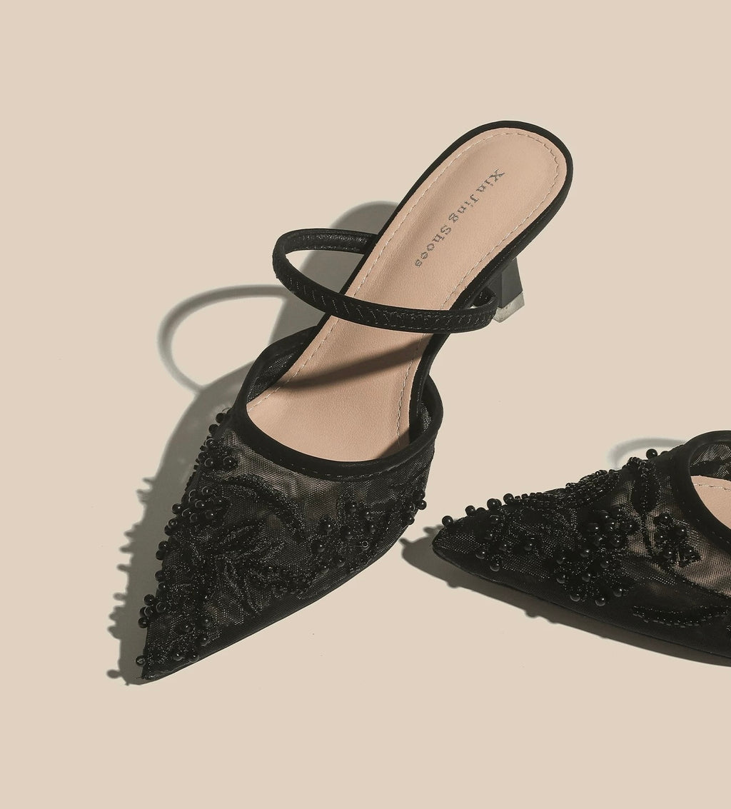 Pearl-Embellished Pointed-Toe Mules