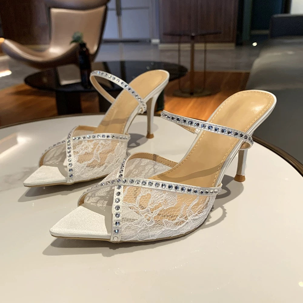 White Lace Rhinestone Pointed-Toe Mule Heels