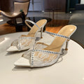 White Lace Rhinestone Pointed-Toe Mule Heels