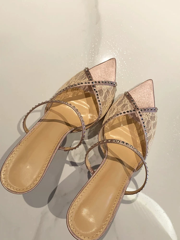 White Lace Rhinestone Pointed-Toe Mule Heels