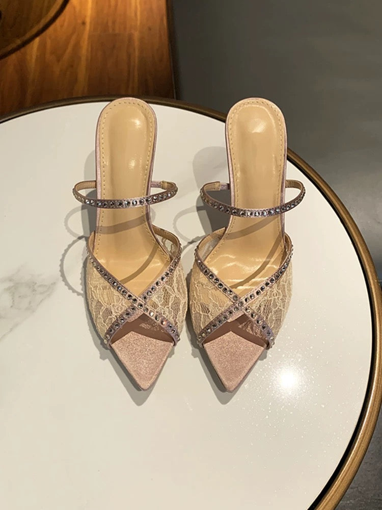 White Lace Rhinestone Pointed-Toe Mule Heels