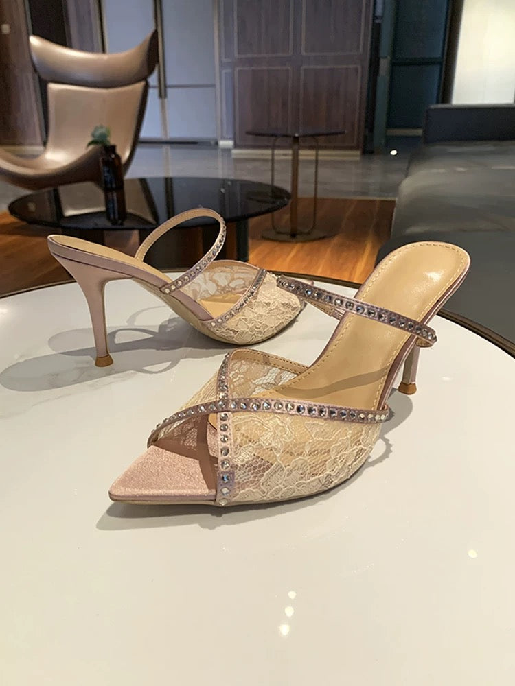 White Lace Rhinestone Pointed-Toe Mule Heels