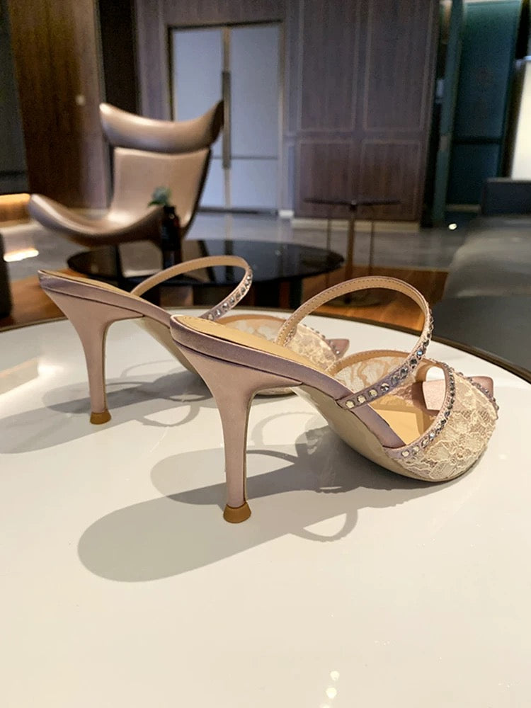 White Lace Rhinestone Pointed-Toe Mule Heels