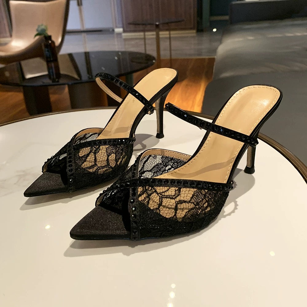 White Lace Rhinestone Pointed-Toe Mule Heels