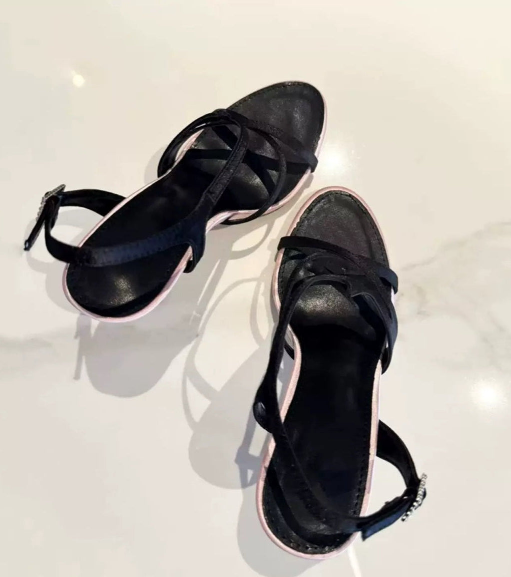Black And Pink Strappy Stiletto Sandals