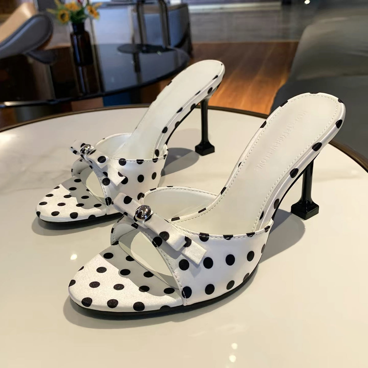 Polka Dot Bow Detail Stiletto Mules