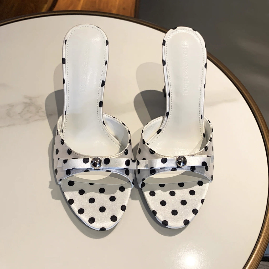 Polka Dot Bow Detail Stiletto Mules