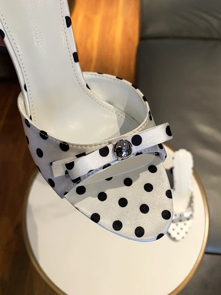 Polka Dot Bow Detail Stiletto Mules