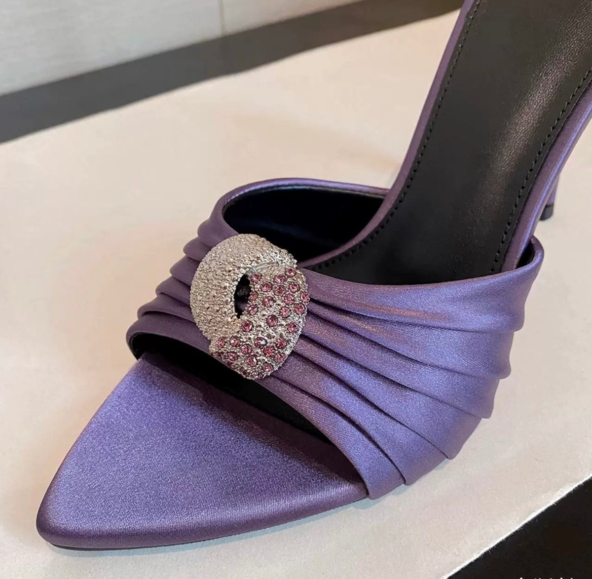 Luxe Crystal Buckle Satin Heel