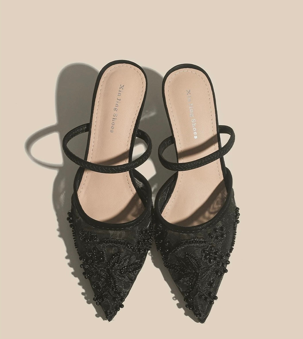 Pearl-Embellished Pointed-Toe Mules