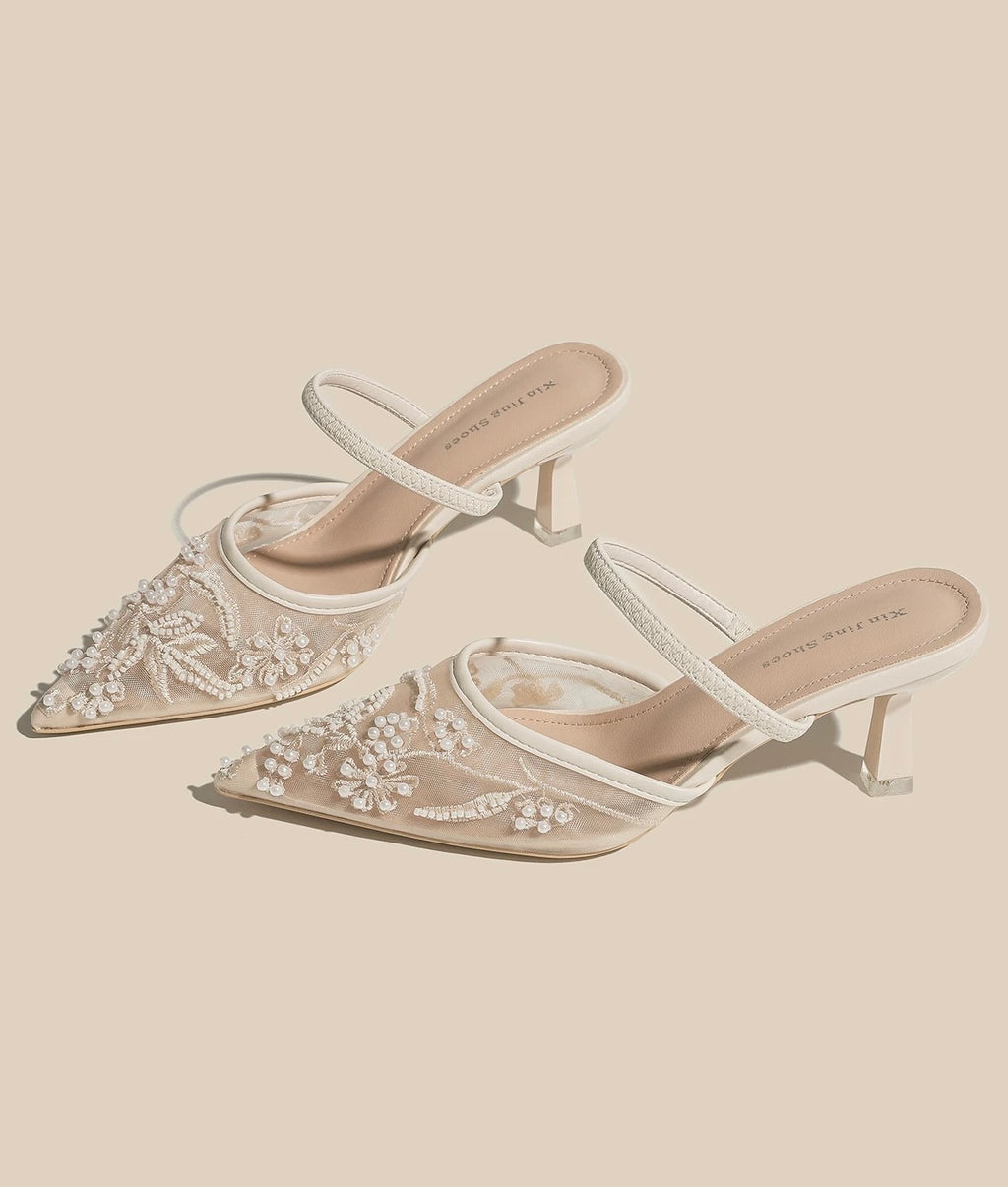 Pearl-Embellished Pointed-Toe Mules